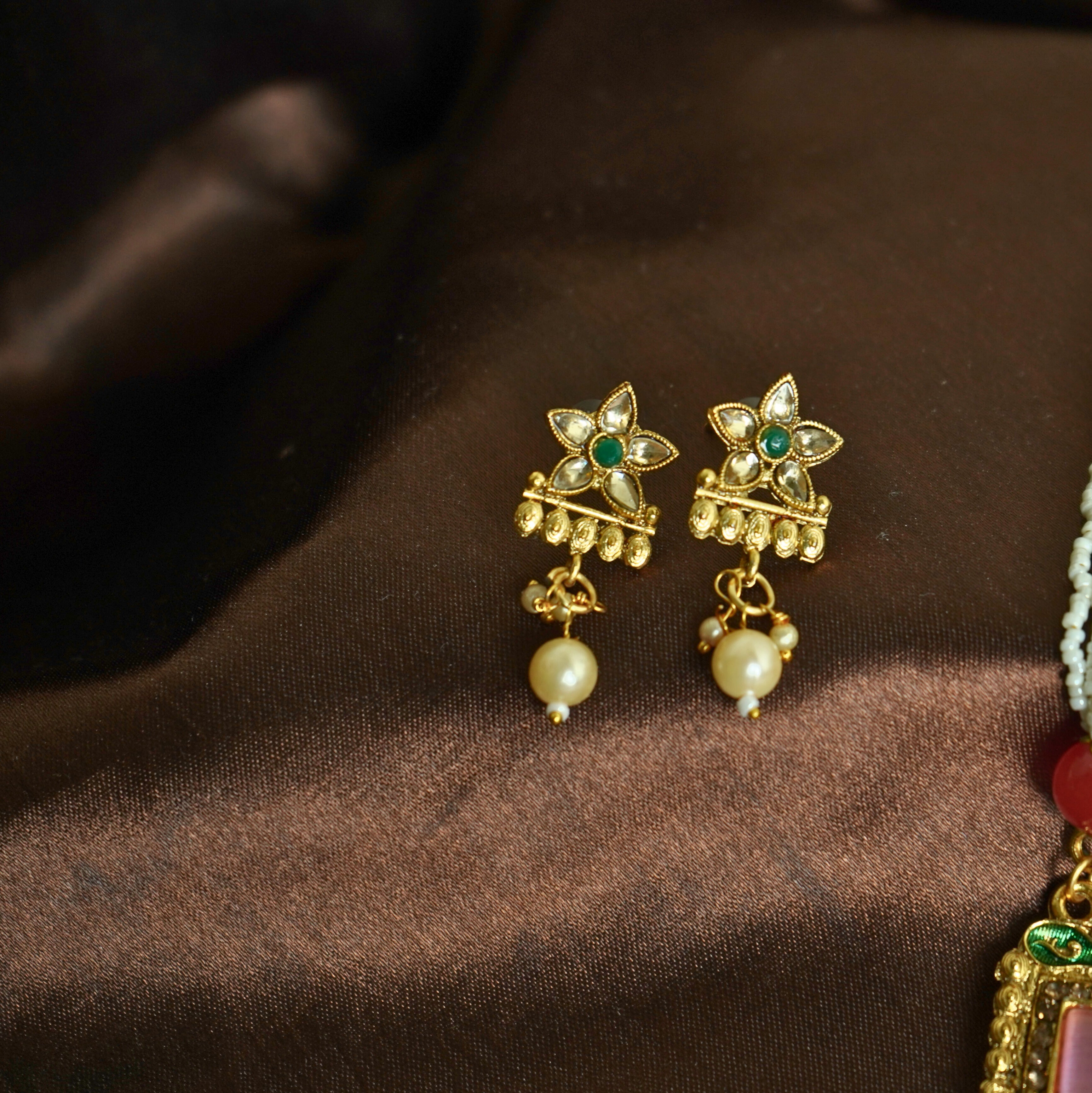 LATA VOGUE RED & GREEN STONE RANI HAAR GOLD PLATED WITH EARRING