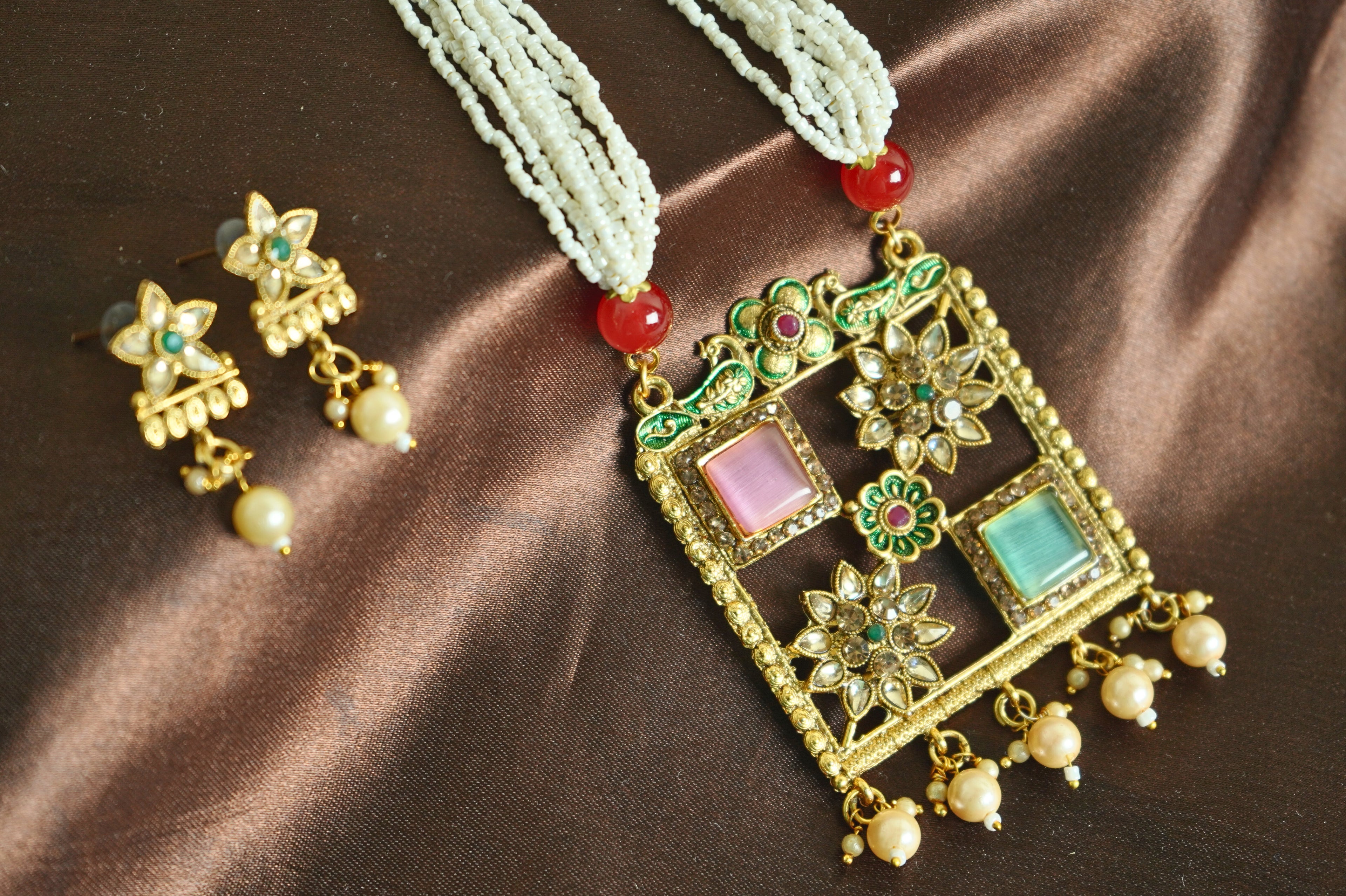 LATA VOGUE RED & GREEN STONE RANI HAAR GOLD PLATED WITH EARRING