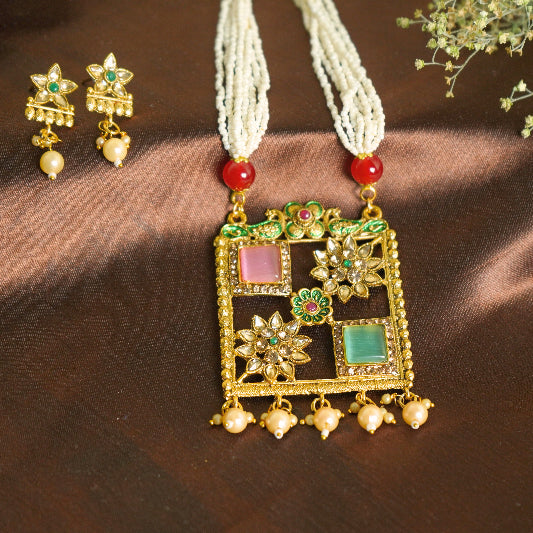 LATA VOGUE RED & GREEN STONE RANI HAAR GOLD PLATED WITH EARRING