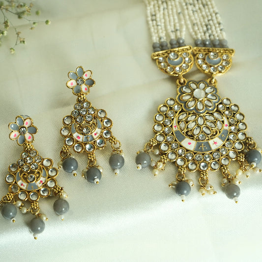 LATA VOGUE GREY BEAD  RANI HAAR GOLD PLATED WITH EARRING