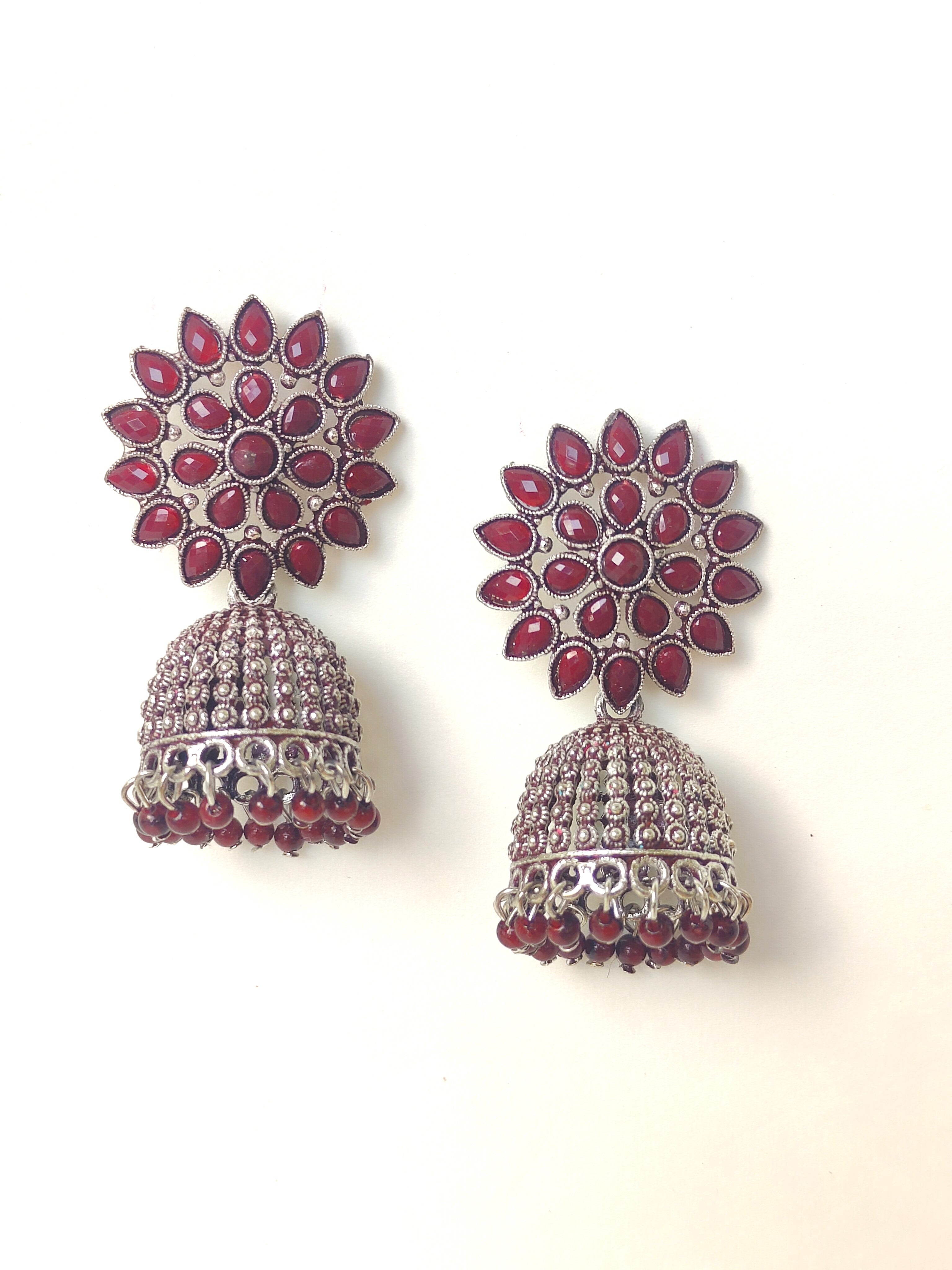 MEENAKARI DARK REDDISH JHUMKA