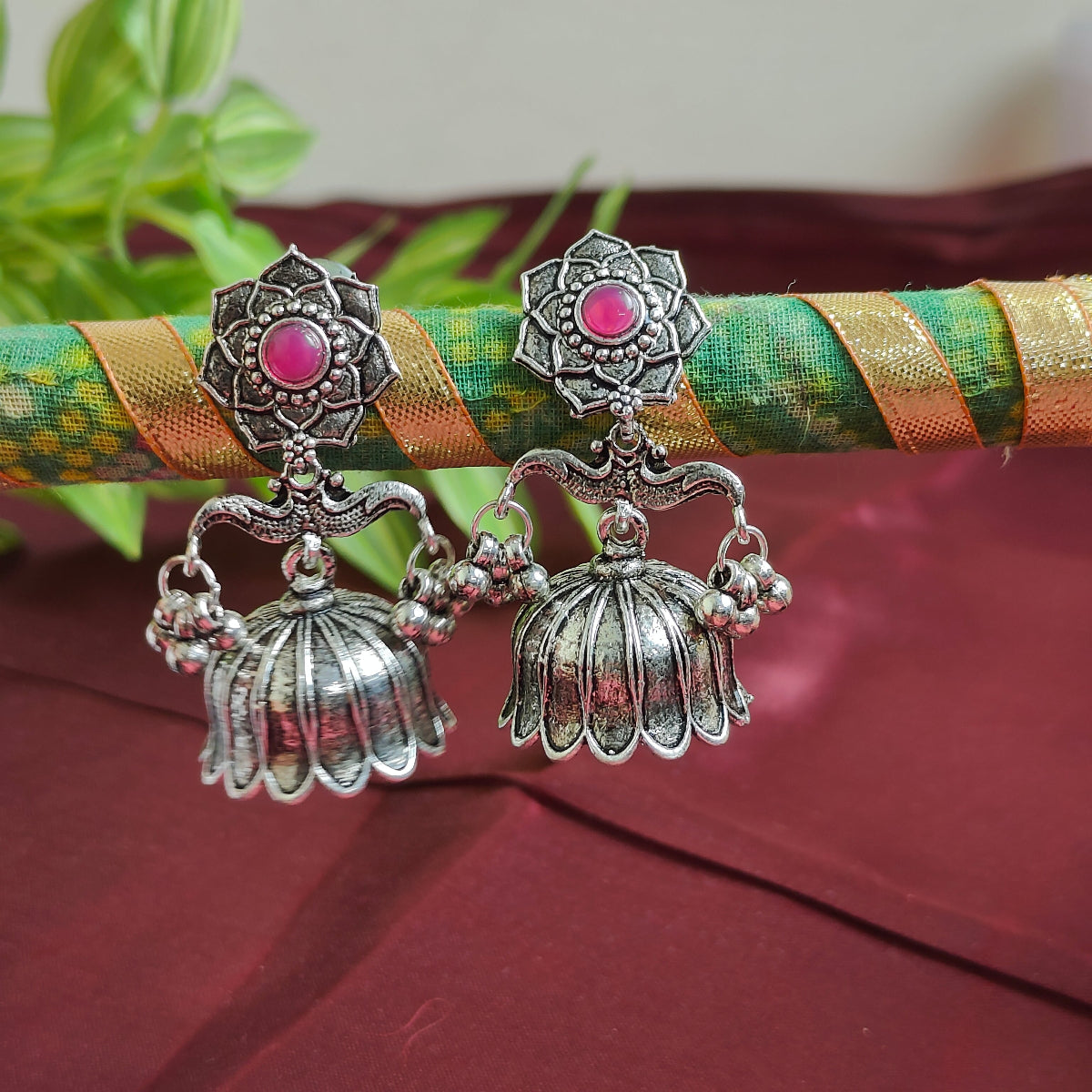 Quirrky Black Oxidised Pink Stone Drop Earring