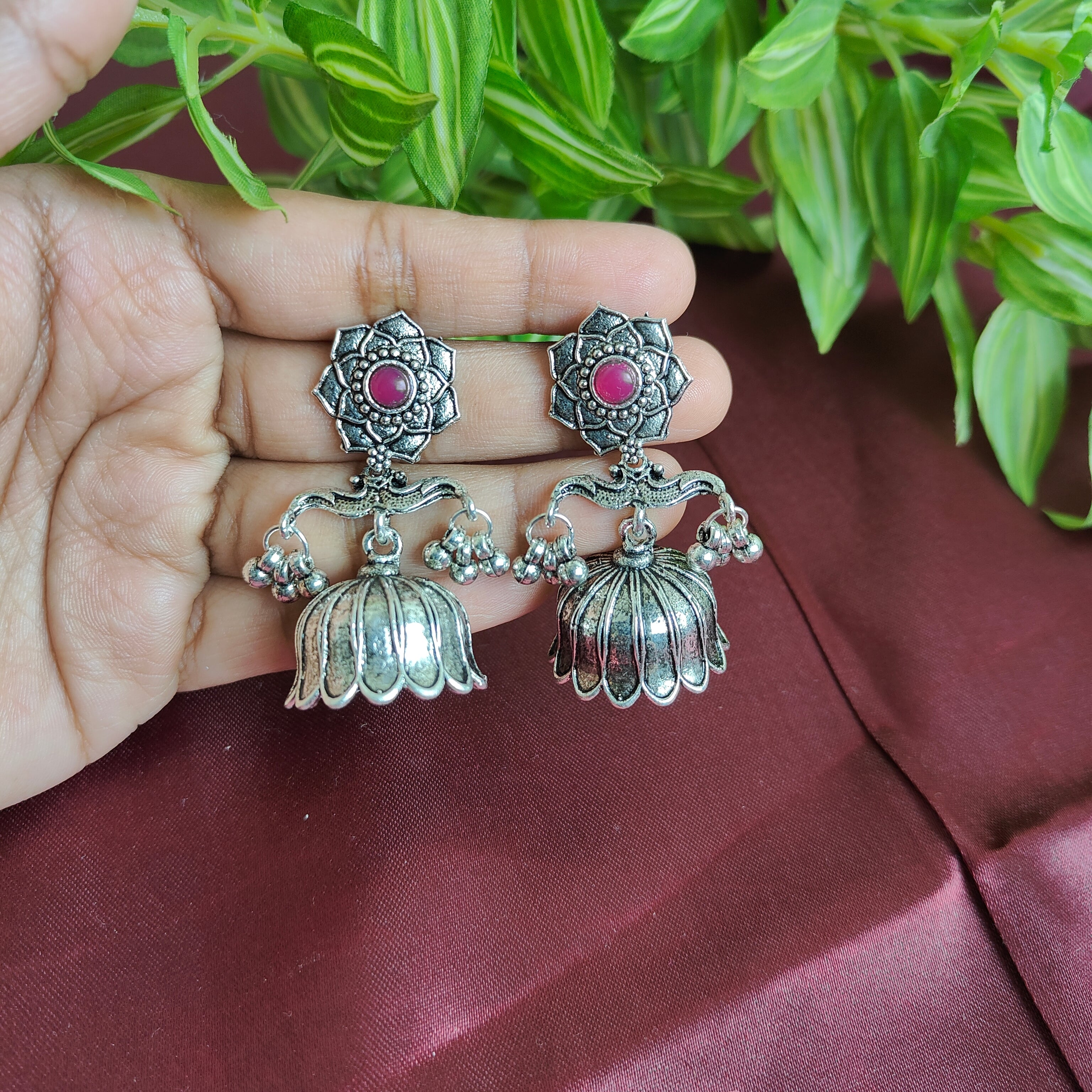 Quirrky Black Oxidised Pink Stone Drop Earring