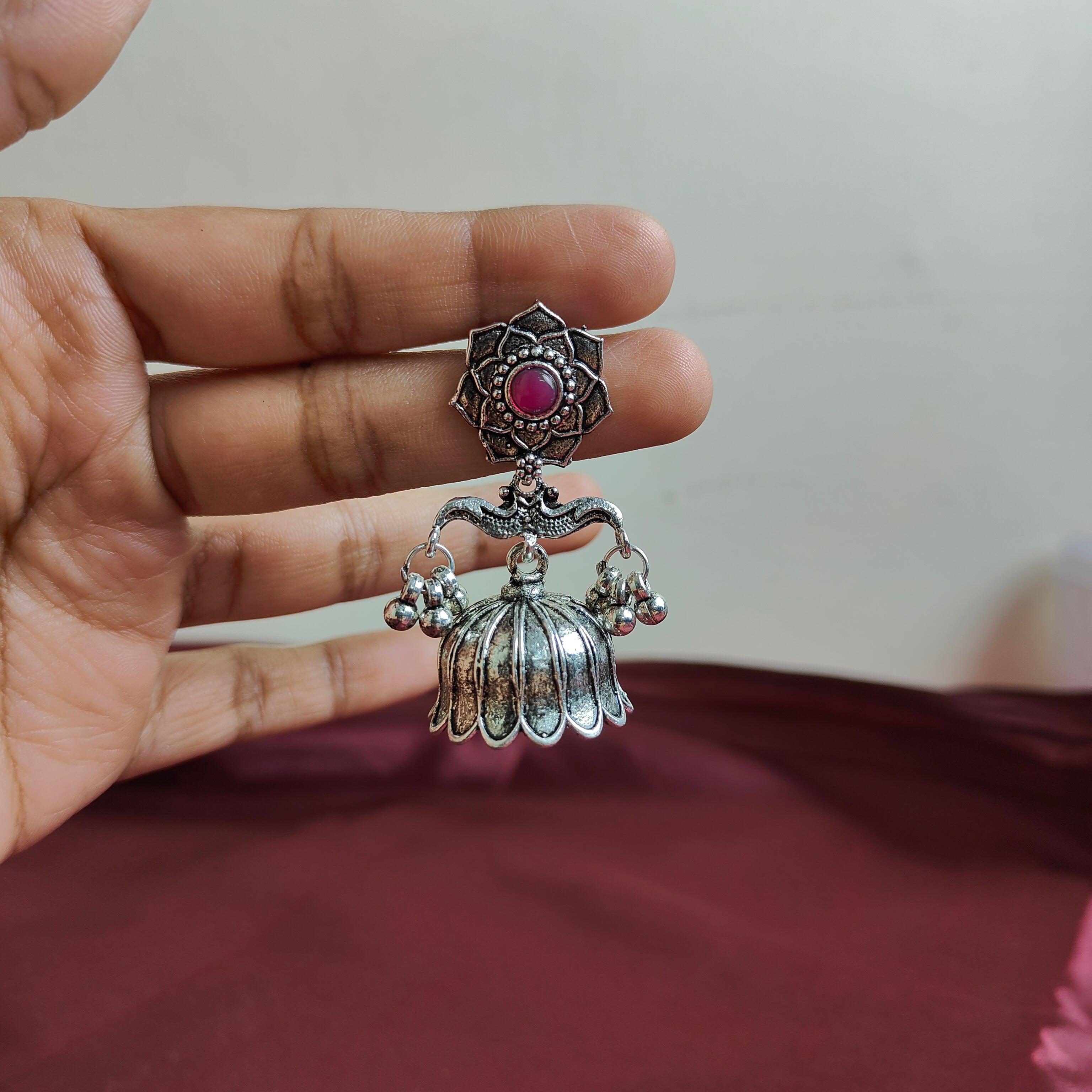 Quirrky Black Oxidised Pink Stone Drop Earring