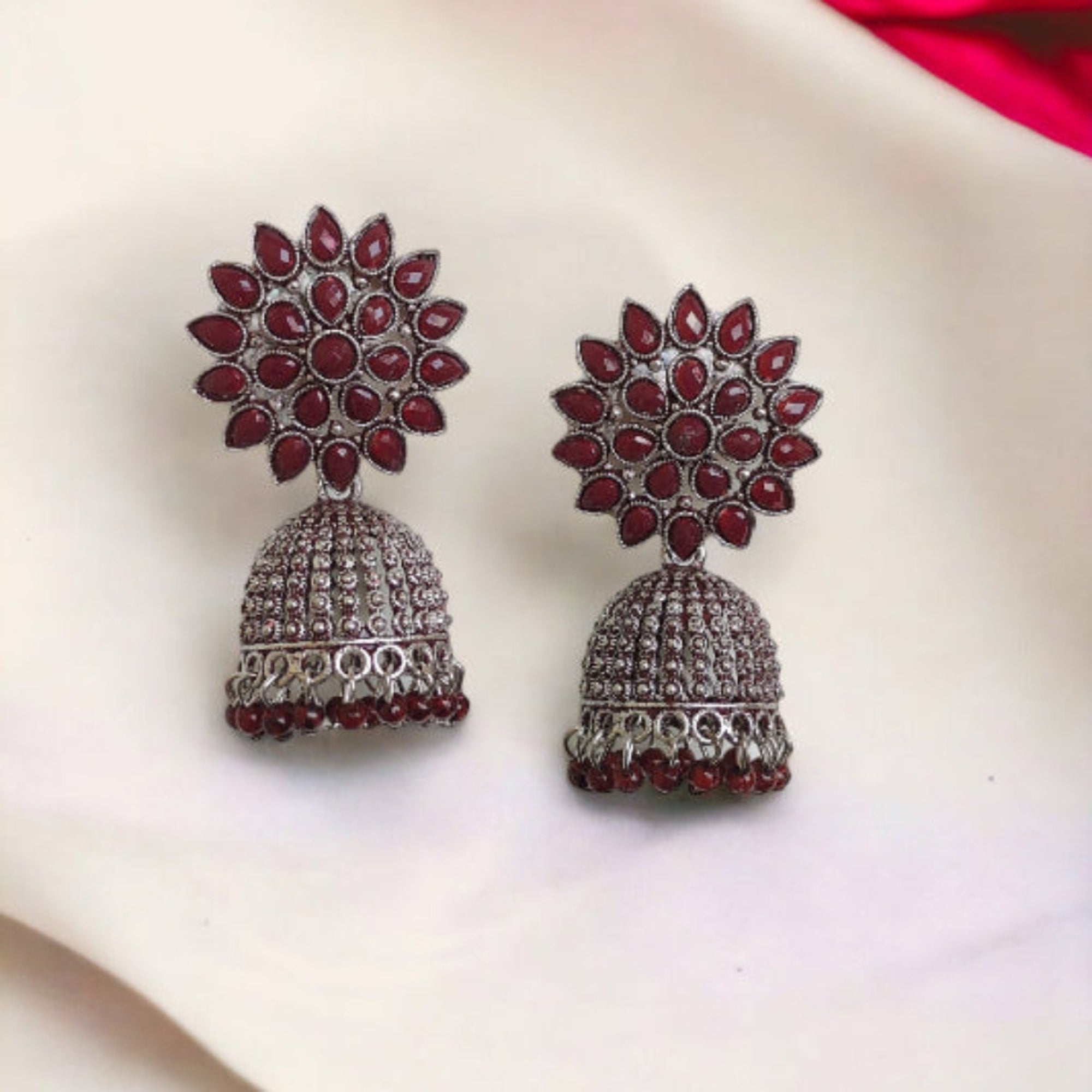 MEENAKARI DARK REDDISH JHUMKA